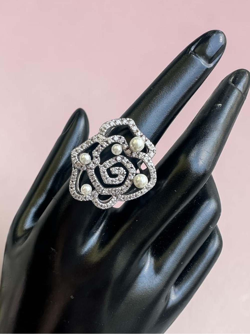 1 1/4" WHITE QUARTZ & faux PEARL Sterling Silver 0.925 Estate BAND RING size 7